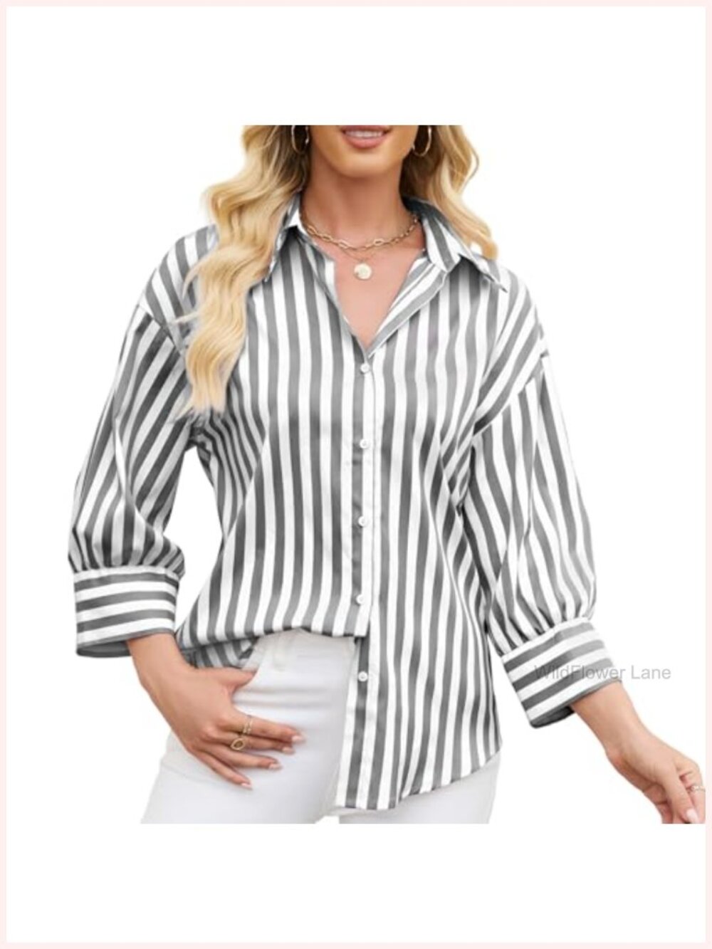 Wrinkle-Resistant Striped 3/4 Sleeve Button Down Shirt for Women